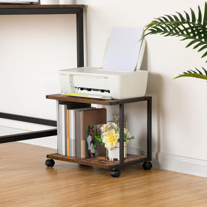 Under Desk Printer Stand, 2-Tier Industrial Printer Cart with Storage Shelf, Mobile Machine Holder Table Stand, for Home and Office, Rustic Brown and Black BF42PS01
