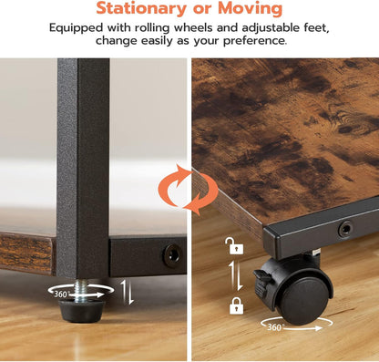 Under Desk Printer Stand, 2-Tier Industrial Printer Cart with Storage Shelf, Mobile Machine Holder Table Stand, for Home and Office, Rustic Brown and Black BF42PS01