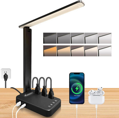 LED Desk Lamp with Power Strip, 3 AC Outlets & 4 USB Ports (2 USB-C), Eye-Caring Task Light, 5 Color Modes 5 Brightness Dimmable, Sturdy Base Home Office Dorm Room Essentials