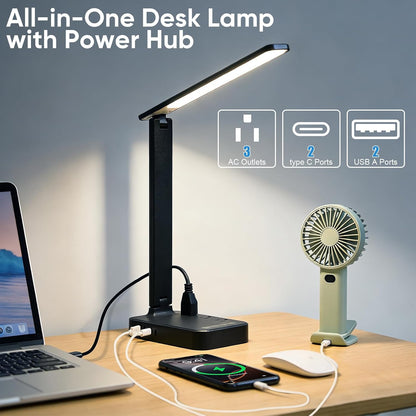 LED Desk Lamp with Power Strip, 3 AC Outlets & 4 USB Ports (2 USB-C), Eye-Caring Task Light, 5 Color Modes 5 Brightness Dimmable, Sturdy Base Home Office Dorm Room Essentials