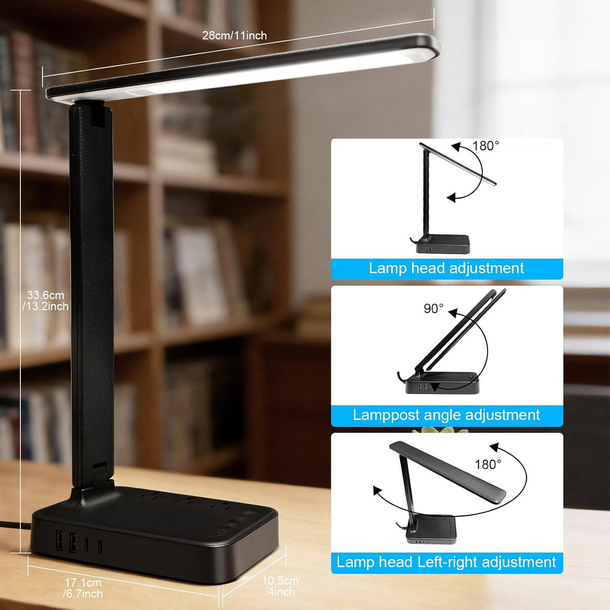 LED Desk Lamp with Power Strip, 3 AC Outlets & 4 USB Ports (2 USB-C), Eye-Caring Task Light, 5 Color Modes 5 Brightness Dimmable, Sturdy Base Home Office Dorm Room Essentials