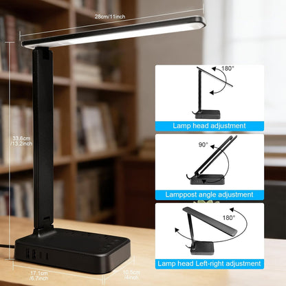 LED Desk Lamp with Power Strip, 3 AC Outlets & 4 USB Ports (2 USB-C), Eye-Caring Task Light, 5 Color Modes 5 Brightness Dimmable, Sturdy Base Home Office Dorm Room Essentials