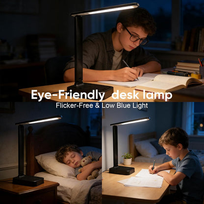 LED Desk Lamp with Power Strip, 3 AC Outlets & 4 USB Ports (2 USB-C), Eye-Caring Task Light, 5 Color Modes 5 Brightness Dimmable, Sturdy Base Home Office Dorm Room Essentials