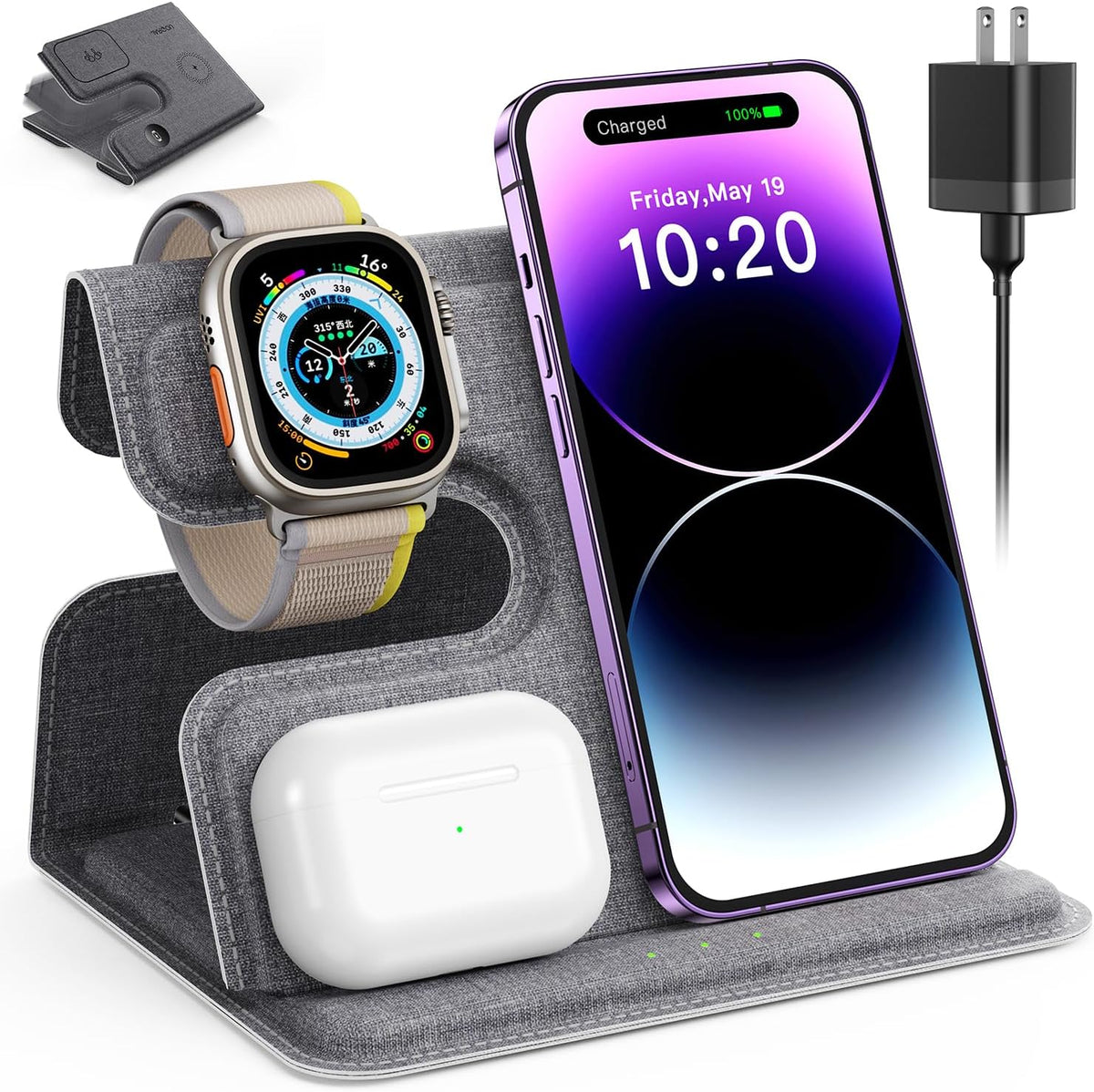 3 in 1 Charging Station for Apple Wireless Charger for iPhone 17 16e 16 15 14 13 12 11 X 8 & for iWatch Charger Wireless Charging Station for Multiple Devices for AirPods 2/3/4/Pro/Pro 2/Pro 3