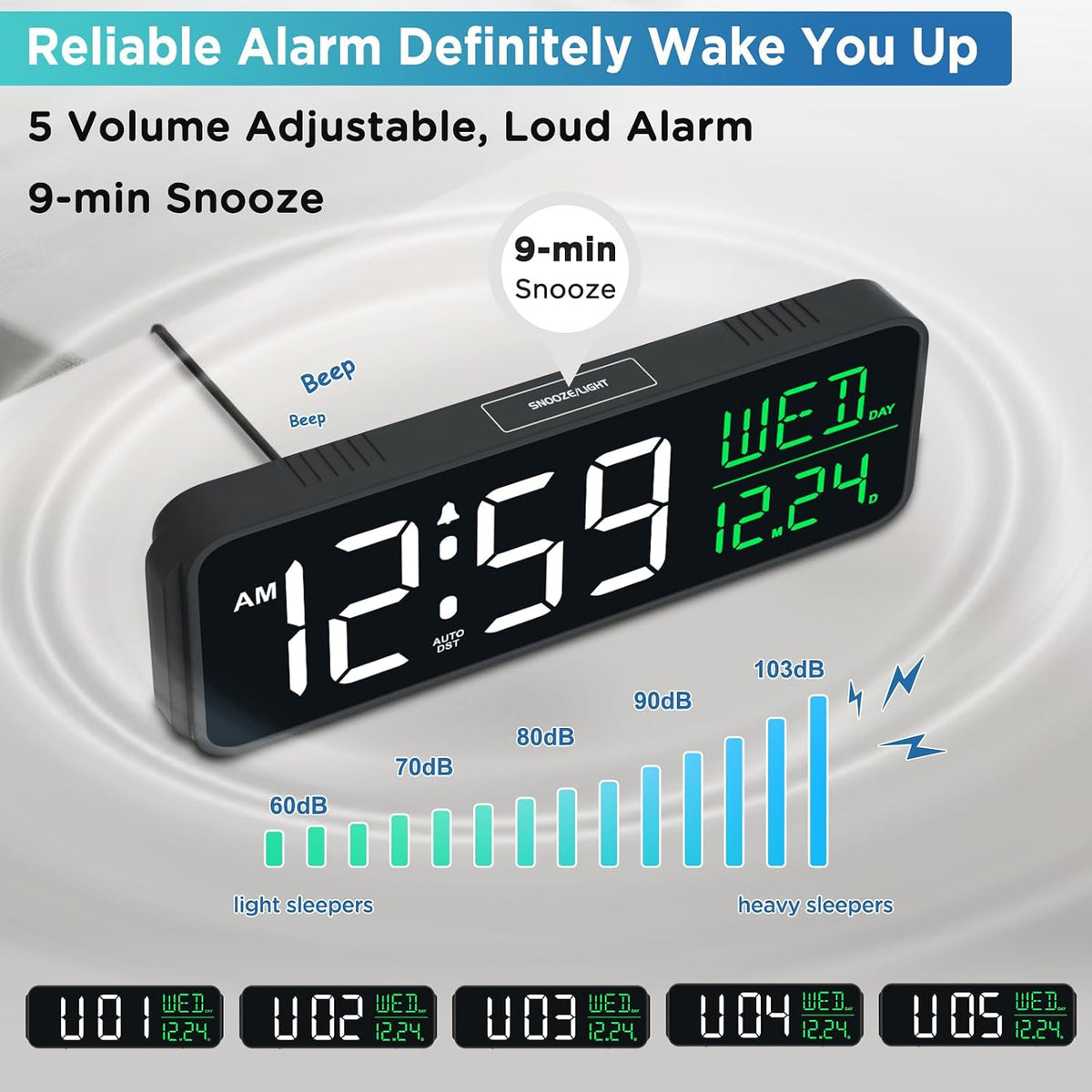 Large Display Digital Alarm Clock for Bedroom with Date Day of Week