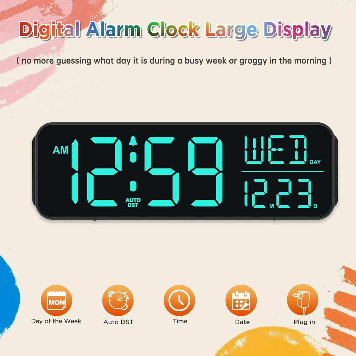 Large Display Digital Alarm Clock for Bedroom with Date Day of Week