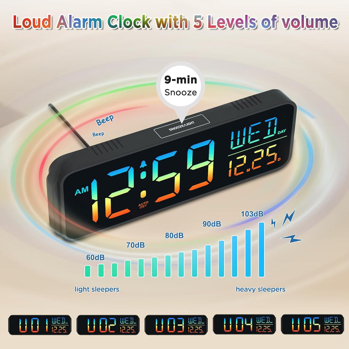 Large Display Digital Alarm Clock for Bedroom with Date Day of Week