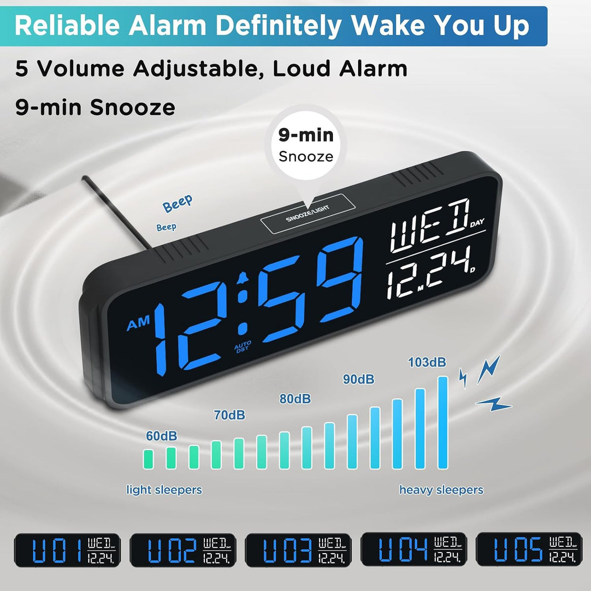 Large Display Digital Alarm Clock for Bedroom with Date Day of Week
