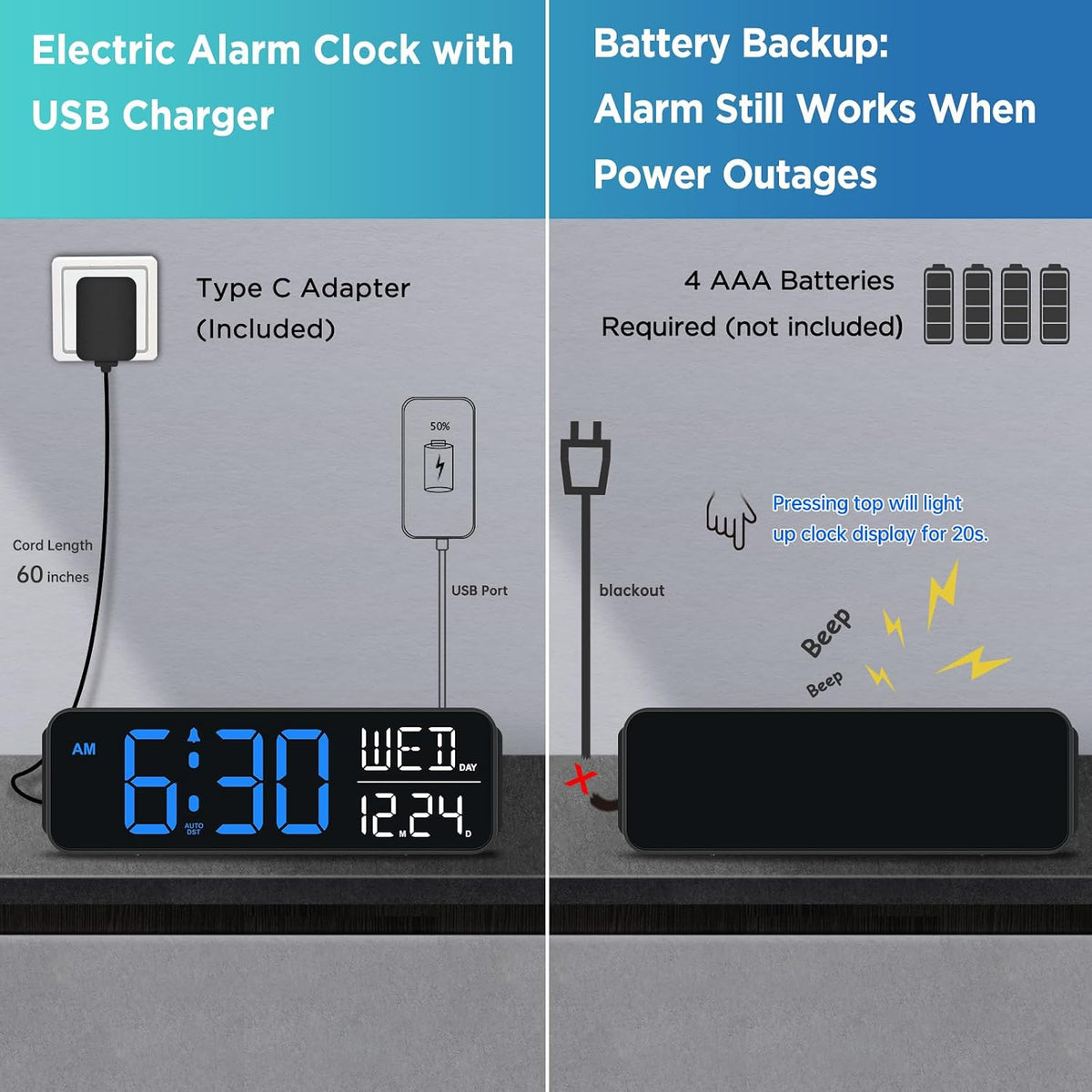 Large Display Digital Alarm Clock for Bedroom with Date Day of Week