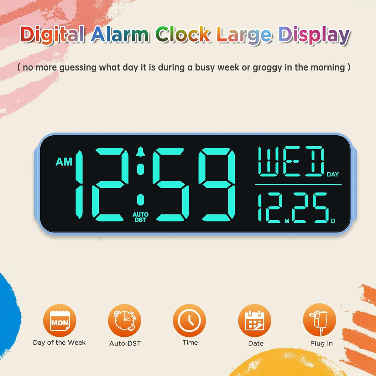 Large Display Digital Alarm Clock for Bedroom with Date Day of Week