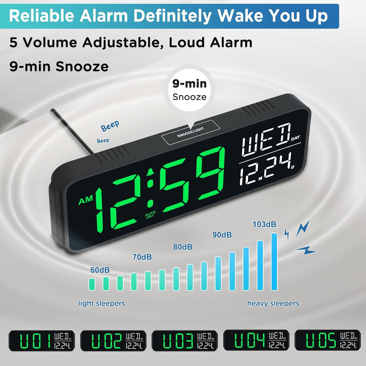 Large Display Digital Alarm Clock for Bedroom with Date Day of Week