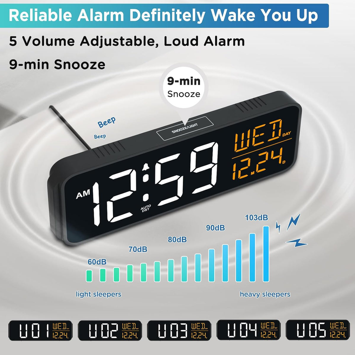 Large Display Digital Alarm Clock for Bedroom with Date Day of Week