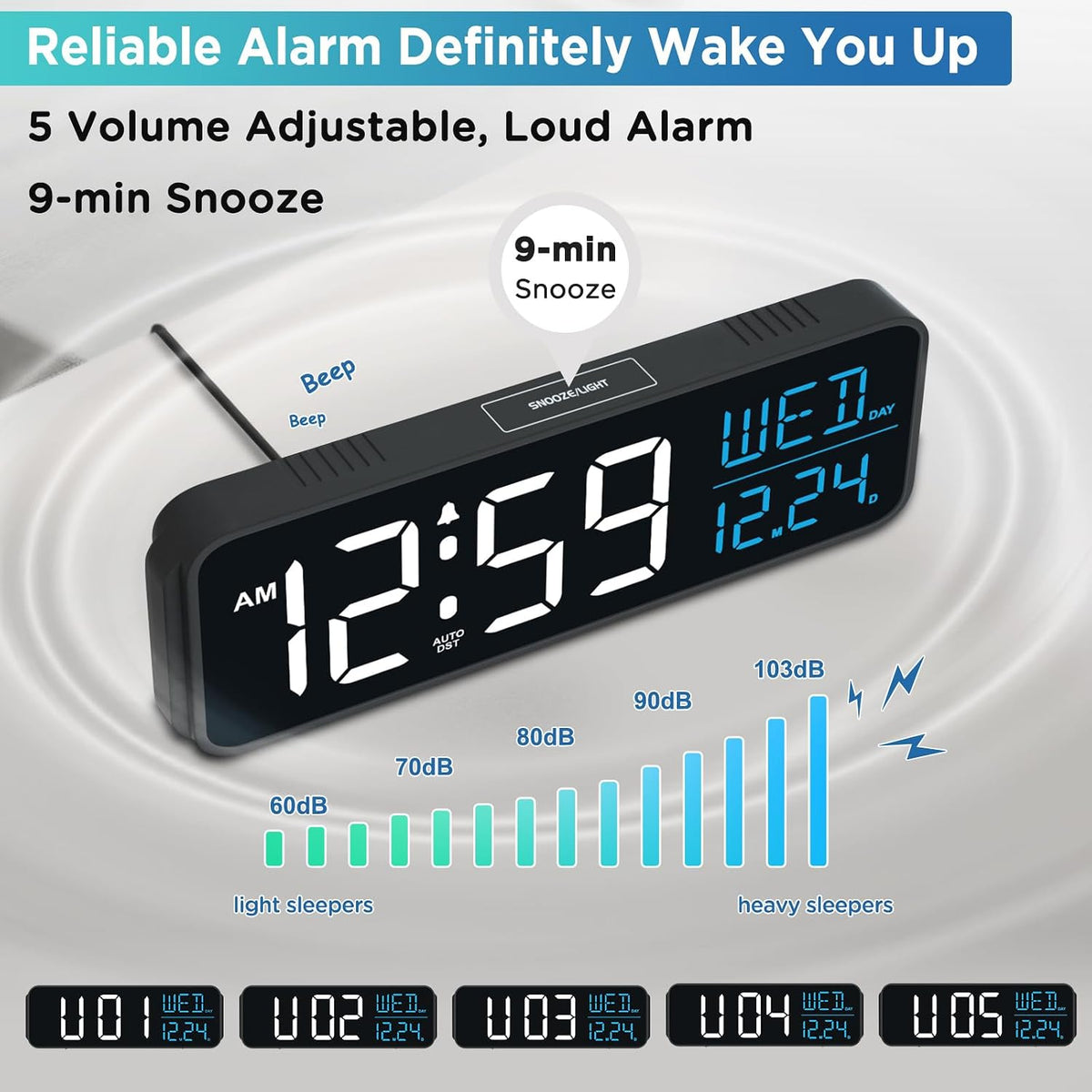 Large Display Digital Alarm Clock for Bedroom with Date Day of Week