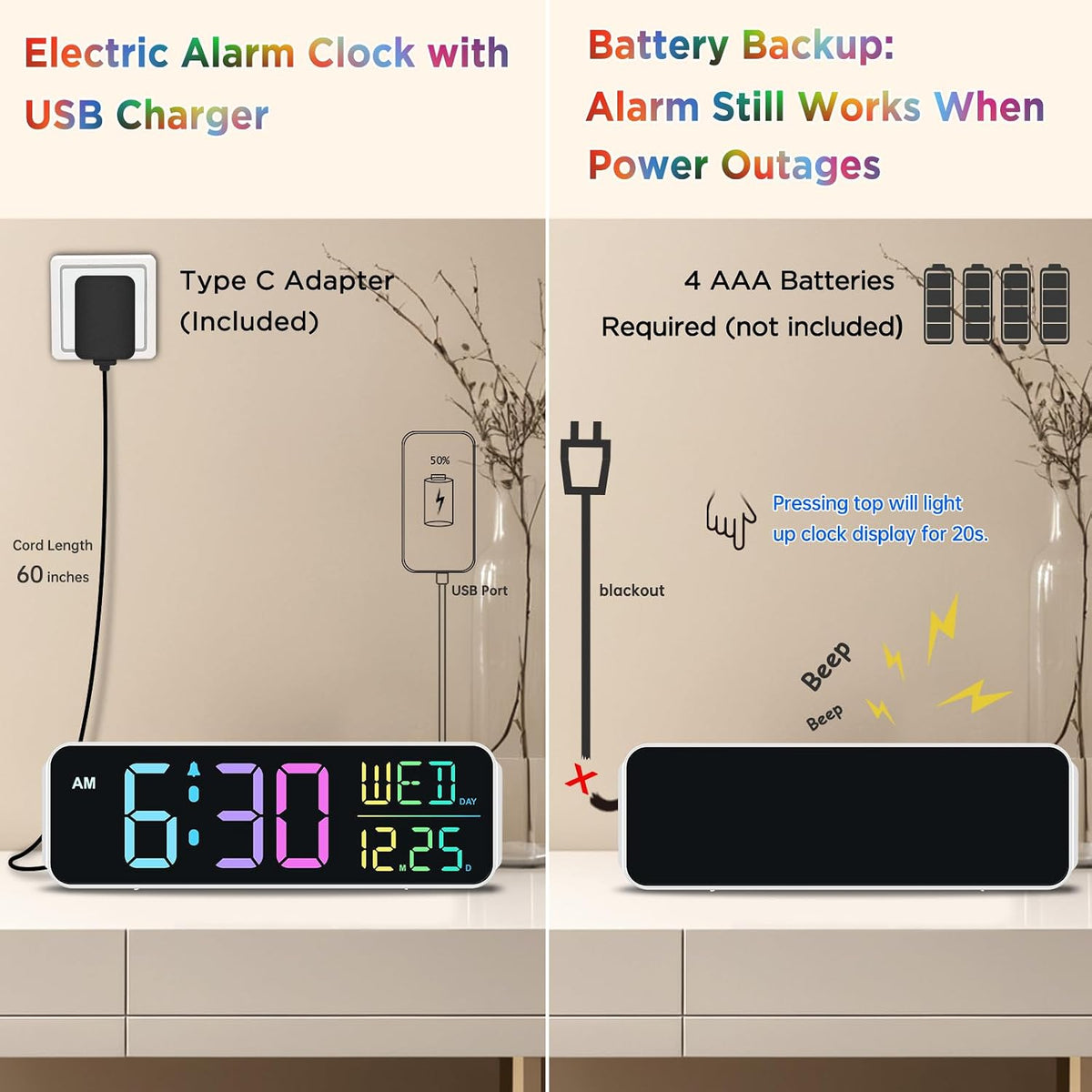 Large Display Digital Alarm Clock for Bedroom with Date Day of Week