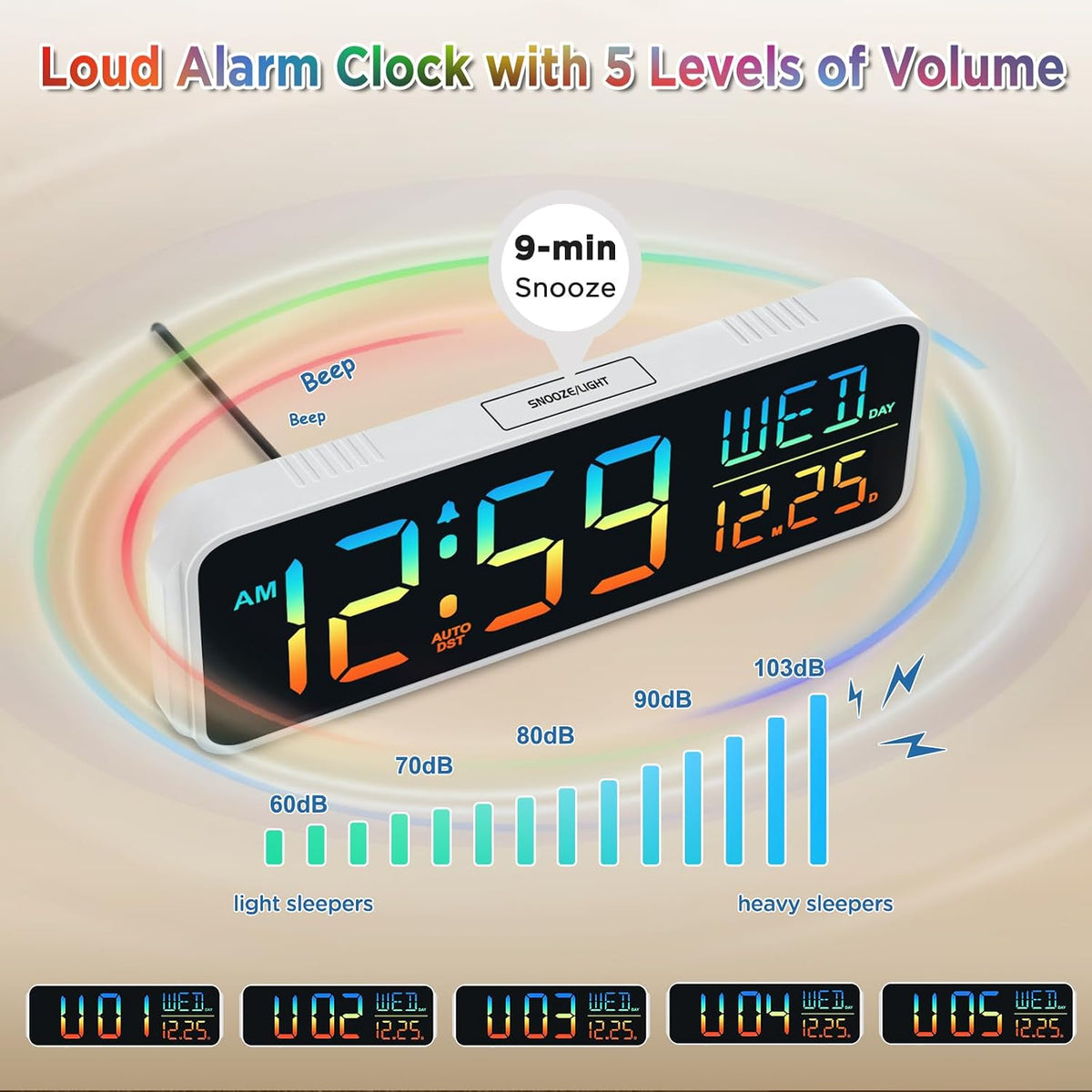 Large Display Digital Alarm Clock for Bedroom with Date Day of Week