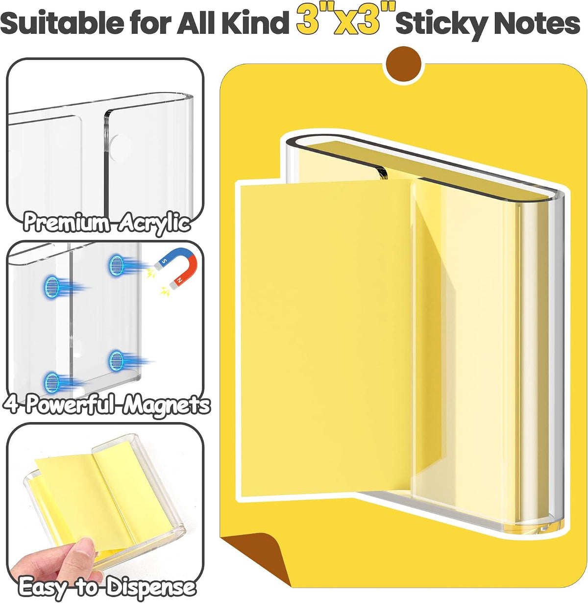 Sticky Note Dispenser, Magnetic Sticky Note Holder for Sticky Notes, 3 x 3 Inch Sticky Note Organizer for Office Home Classroom, Black