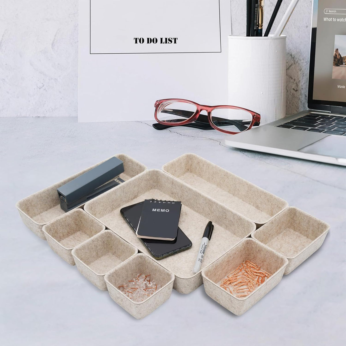 8pc Nordic Felt Desk Drawer Organizer Tray Beige Oatmeal Storage Bin