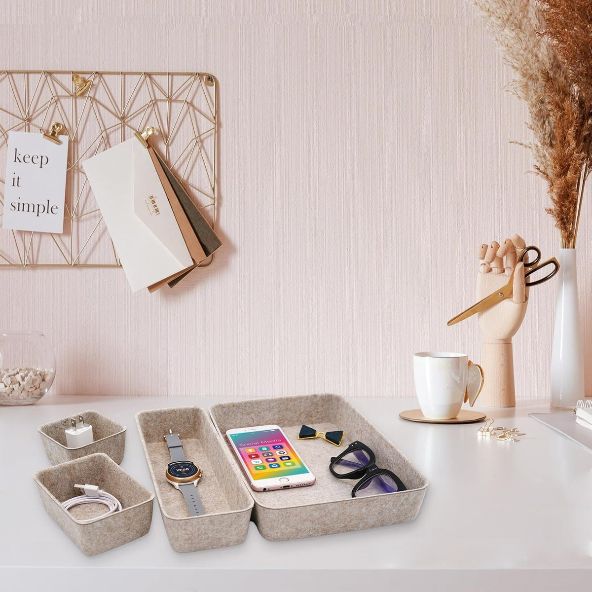 8pc Nordic Felt Desk Drawer Organizer Tray Beige Oatmeal Storage Bin