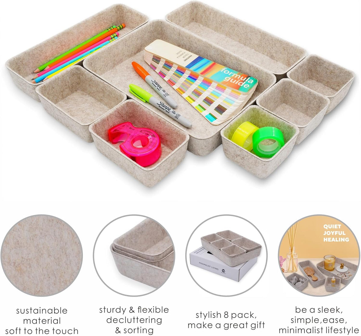 8pc Nordic Felt Desk Drawer Organizer Tray Beige Oatmeal Storage Bin