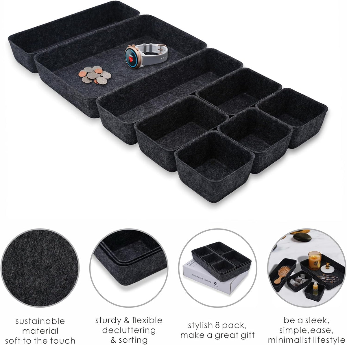 8pc Nordic Felt Desk Drawer Organizer Tray Beige Oatmeal Storage Bin