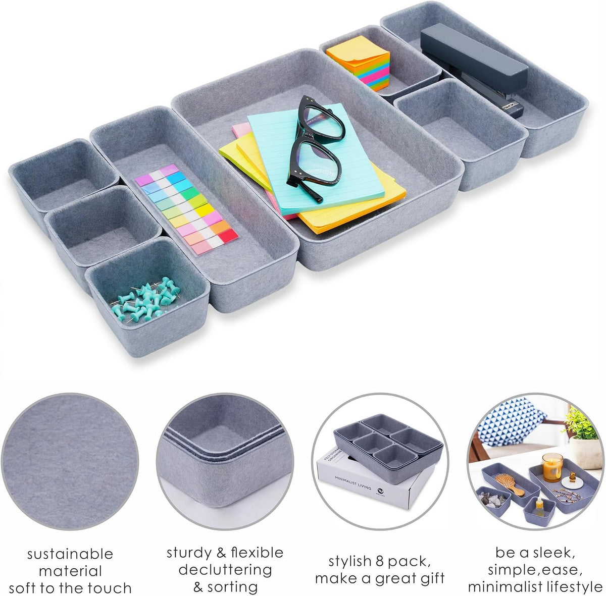 8pc Nordic Felt Desk Drawer Organizer Tray Beige Oatmeal Storage Bin