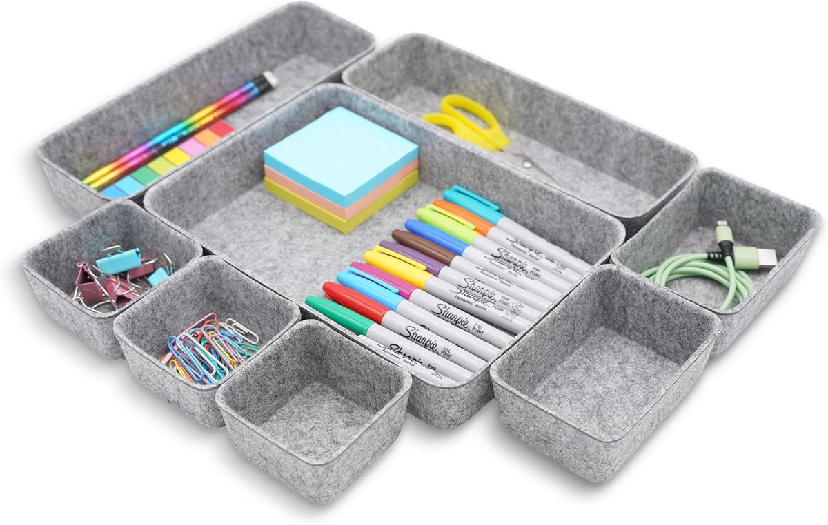 8pc Nordic Felt Desk Drawer Organizer Tray Beige Oatmeal Storage Bin
