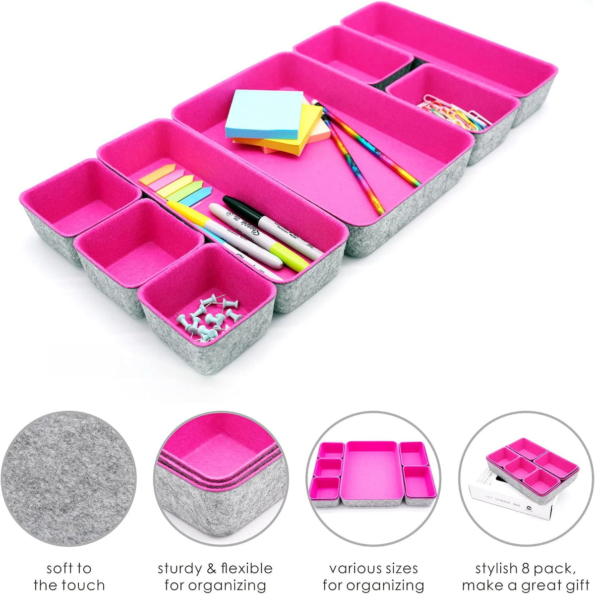 8pc Nordic Felt Desk Drawer Organizer Tray Beige Oatmeal Storage Bin