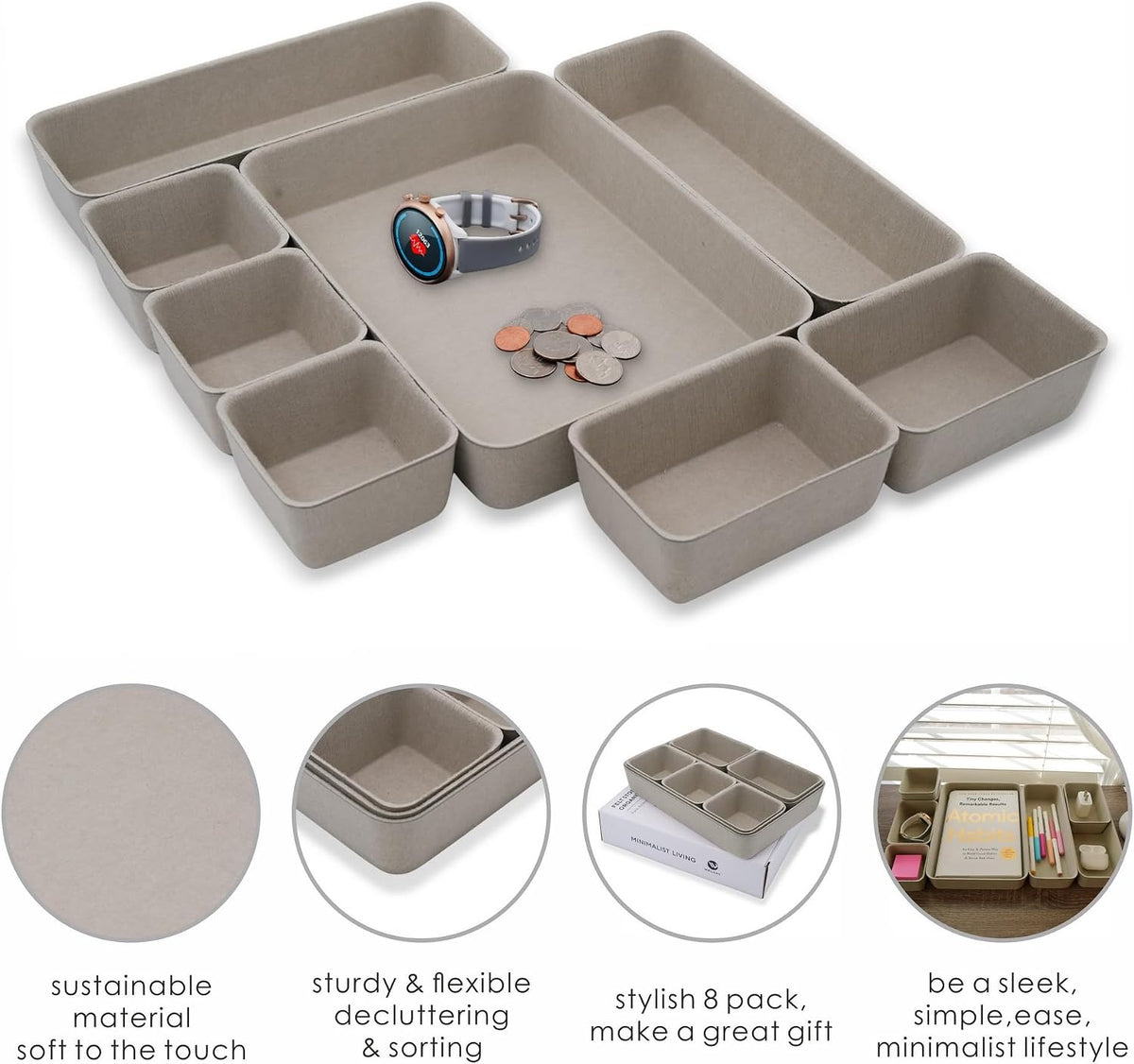 8pc Nordic Felt Desk Drawer Organizer Tray Beige Oatmeal Storage Bin