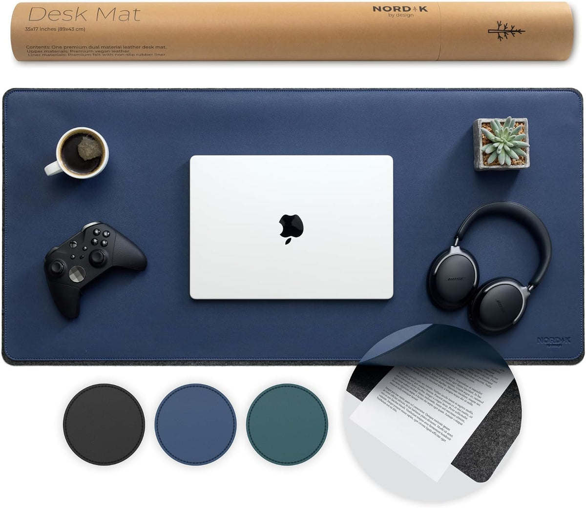 Nordik Felt and Leather Desk Mat - Dual Layer True Black 35 x 17 in