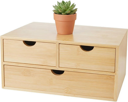 Bamboo Desk Organizer with 3 Drawers, Countertop Organizer with Drawers Makeup Storage Drawer 3 Drawers Tabletop Storage Organization Box Home Office Workspace