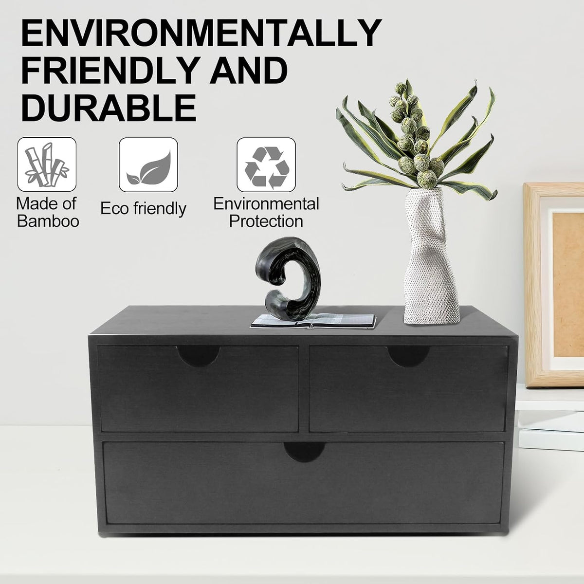 Bamboo Desk Organizer with 3 Drawers, Countertop Organizer with Drawers Makeup Storage Drawer 3 Drawers Tabletop Storage Organization Box Home Office Workspace