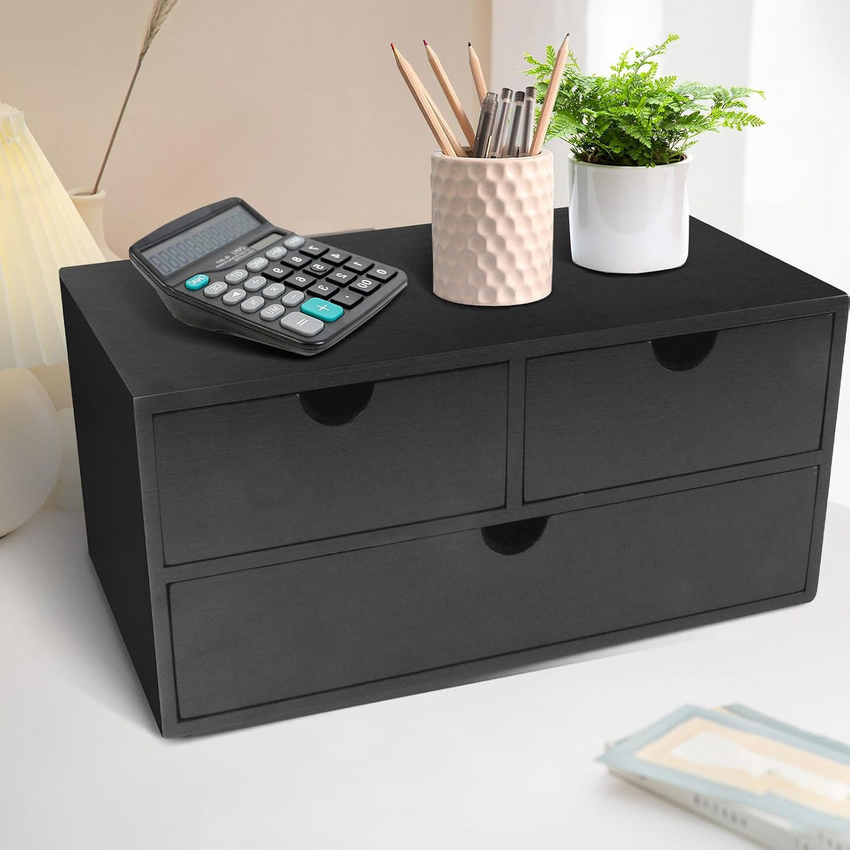 Bamboo Desk Organizer with 3 Drawers, Countertop Organizer with Drawers Makeup Storage Drawer 3 Drawers Tabletop Storage Organization Box Home Office Workspace