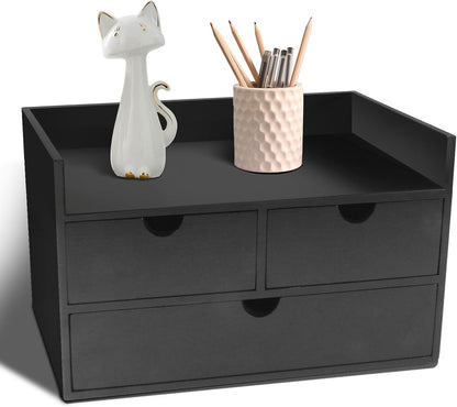Bamboo Desk Organizer with 3 Drawers, Countertop Organizer with Drawers Makeup Storage Drawer 3 Drawers Tabletop Storage Organization Box Home Office Workspace