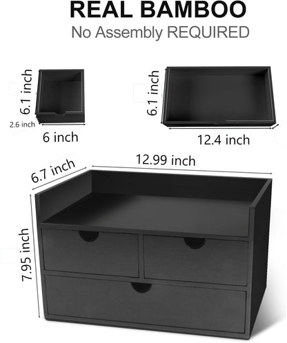 Bamboo Desk Organizer with 3 Drawers, Countertop Organizer with Drawers Makeup Storage Drawer 3 Drawers Tabletop Storage Organization Box Home Office Workspace
