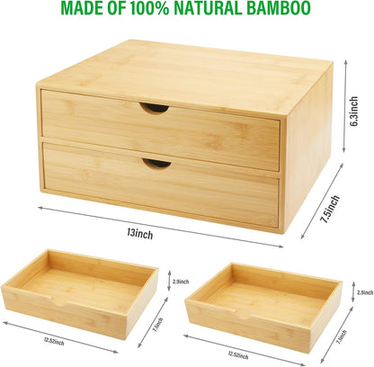Bamboo Desk Organizer with 3 Drawers, Countertop Organizer with Drawers Makeup Storage Drawer 3 Drawers Tabletop Storage Organization Box Home Office Workspace