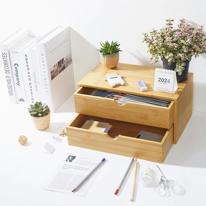 Bamboo Desk Organizer with 3 Drawers, Countertop Organizer with Drawers Makeup Storage Drawer 3 Drawers Tabletop Storage Organization Box Home Office Workspace