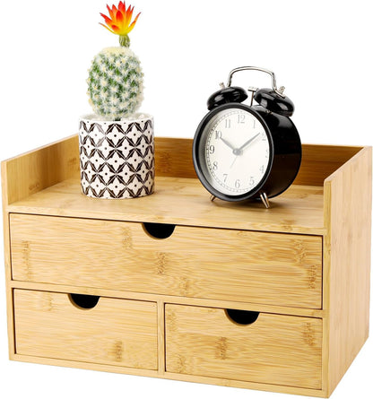 Bamboo Desk Organizer with 3 Drawers, Countertop Organizer with Drawers Makeup Storage Drawer 3 Drawers Tabletop Storage Organization Box Home Office Workspace