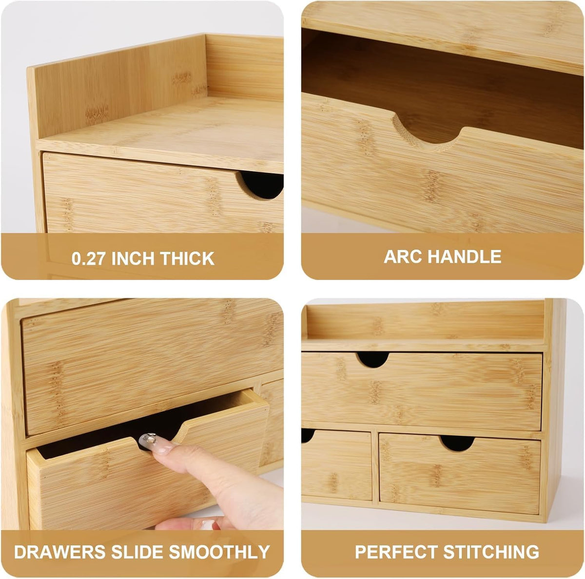 Bamboo Desk Organizer with 3 Drawers, Countertop Organizer with Drawers Makeup Storage Drawer 3 Drawers Tabletop Storage Organization Box Home Office Workspace