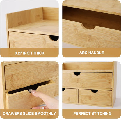 Bamboo Desk Organizer with 3 Drawers, Countertop Organizer with Drawers Makeup Storage Drawer 3 Drawers Tabletop Storage Organization Box Home Office Workspace