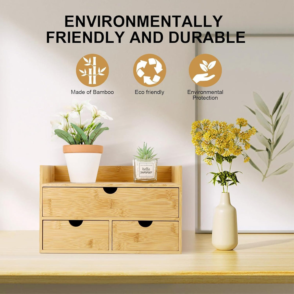 Bamboo Desk Organizer with 3 Drawers, Countertop Organizer with Drawers Makeup Storage Drawer 3 Drawers Tabletop Storage Organization Box Home Office Workspace
