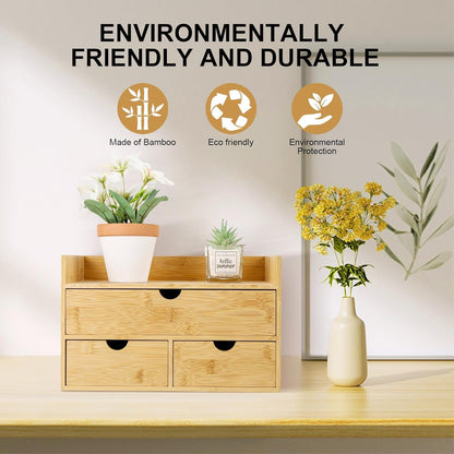 Bamboo Desk Organizer with 3 Drawers, Countertop Organizer with Drawers Makeup Storage Drawer 3 Drawers Tabletop Storage Organization Box Home Office Workspace