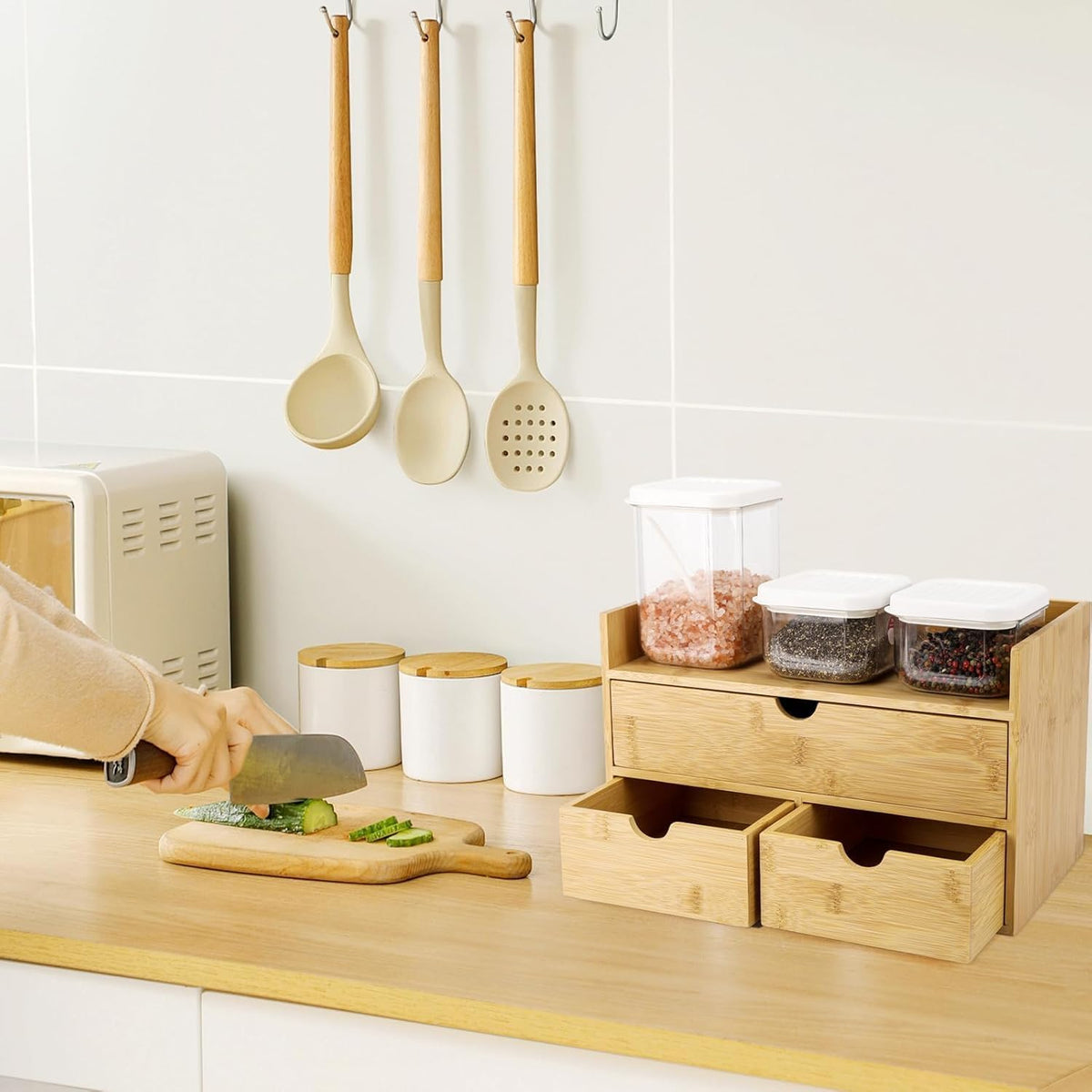 Bamboo Desk Organizer with 3 Drawers, Countertop Organizer with Drawers Makeup Storage Drawer 3 Drawers Tabletop Storage Organization Box Home Office Workspace