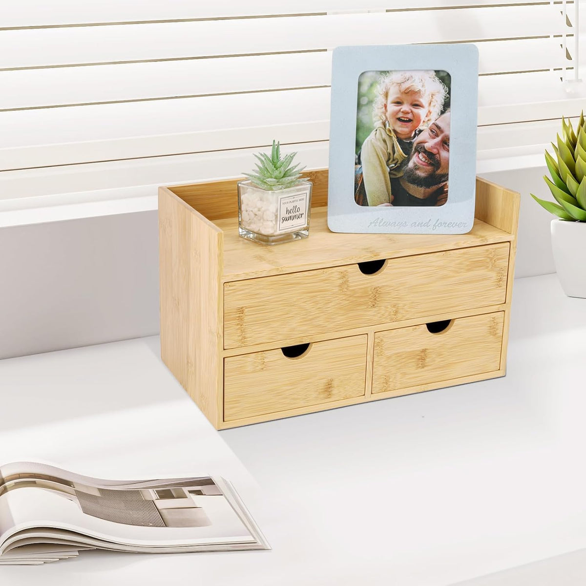 Bamboo Desk Organizer with 3 Drawers, Countertop Organizer with Drawers Makeup Storage Drawer 3 Drawers Tabletop Storage Organization Box Home Office Workspace