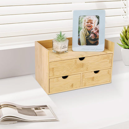 Bamboo Desk Organizer with 3 Drawers, Countertop Organizer with Drawers Makeup Storage Drawer 3 Drawers Tabletop Storage Organization Box Home Office Workspace