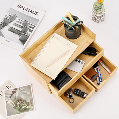 Bamboo Desk Organizer with 3 Drawers, Countertop Organizer with Drawers Makeup Storage Drawer 3 Drawers Tabletop Storage Organization Box Home Office Workspace