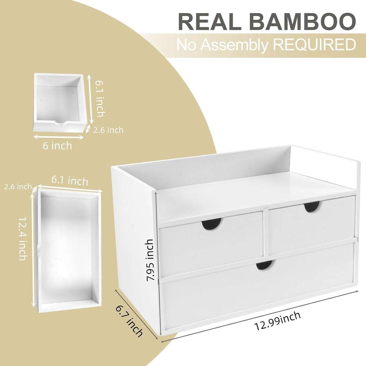 Bamboo Desk Organizer with 3 Drawers, Countertop Organizer with Drawers Makeup Storage Drawer 3 Drawers Tabletop Storage Organization Box Home Office Workspace