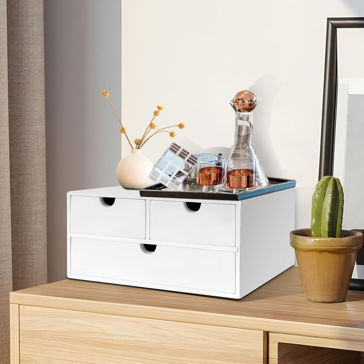 Bamboo Desk Organizer with 3 Drawers, Countertop Organizer with Drawers Makeup Storage Drawer 3 Drawers Tabletop Storage Organization Box Home Office Workspace