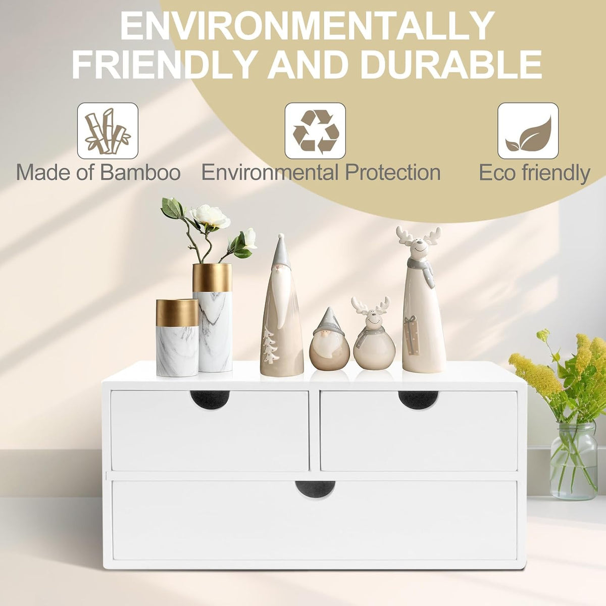 Bamboo Desk Organizer with 3 Drawers, Countertop Organizer with Drawers Makeup Storage Drawer 3 Drawers Tabletop Storage Organization Box Home Office Workspace