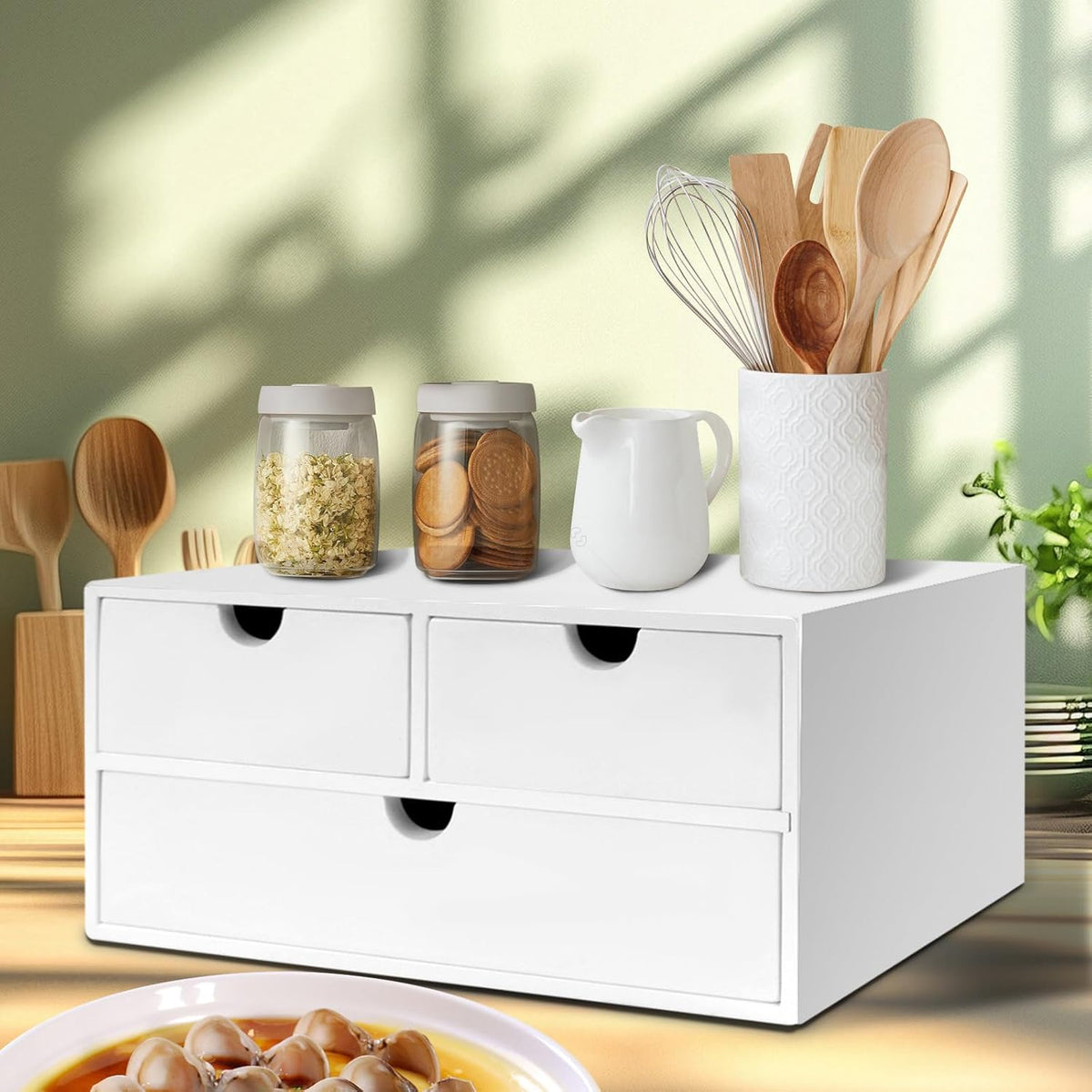Bamboo Desk Organizer with 3 Drawers, Countertop Organizer with Drawers Makeup Storage Drawer 3 Drawers Tabletop Storage Organization Box Home Office Workspace
