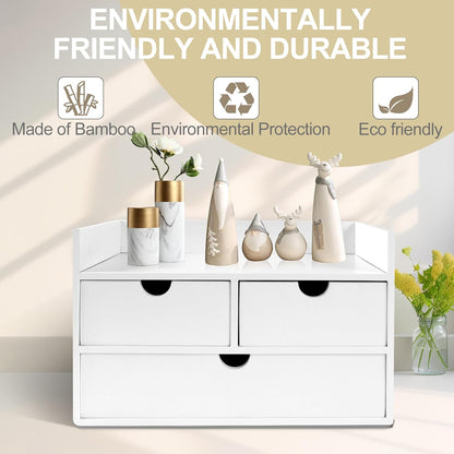 Bamboo Desk Organizer with 3 Drawers, Countertop Organizer with Drawers Makeup Storage Drawer 3 Drawers Tabletop Storage Organization Box Home Office Workspace
